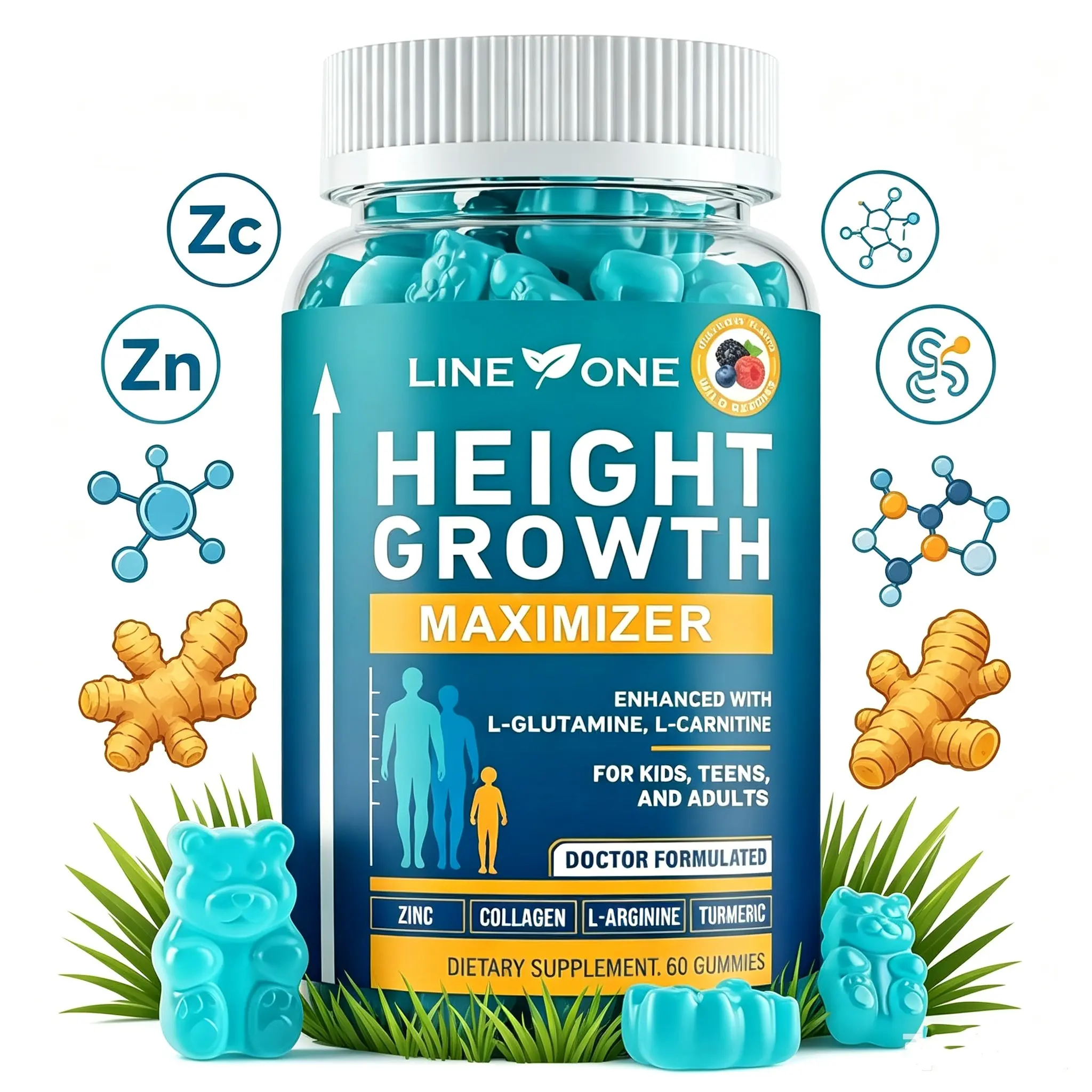 LINE 1 Height-Boosting Dietary Supplement Gummies - Calcium-Enriched Vitamin for Strong Bones, Specially for Children & Adolescents, Growth-Supporting, Growth Hormone-Free