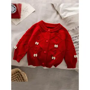 Girls' Soft Knit Cardigan Sweater Jacket - Beige & Red Floral pattern, Loose Fit Long Sleeve, Easy Button Front Closure, Layering Piece for Toddler & Little Girls (Spring/Fall/Transition) - Cute Everyday & Party Outfits, Spring Fall Clothing, Playful Desi