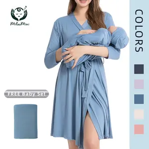 Mother's Day MilaMini Maternity Robe and Baby Receiving Blanket, Matching Mommy Labor Delivery Robe and Swaddle Set Denim blue,Plus Size S-XXL