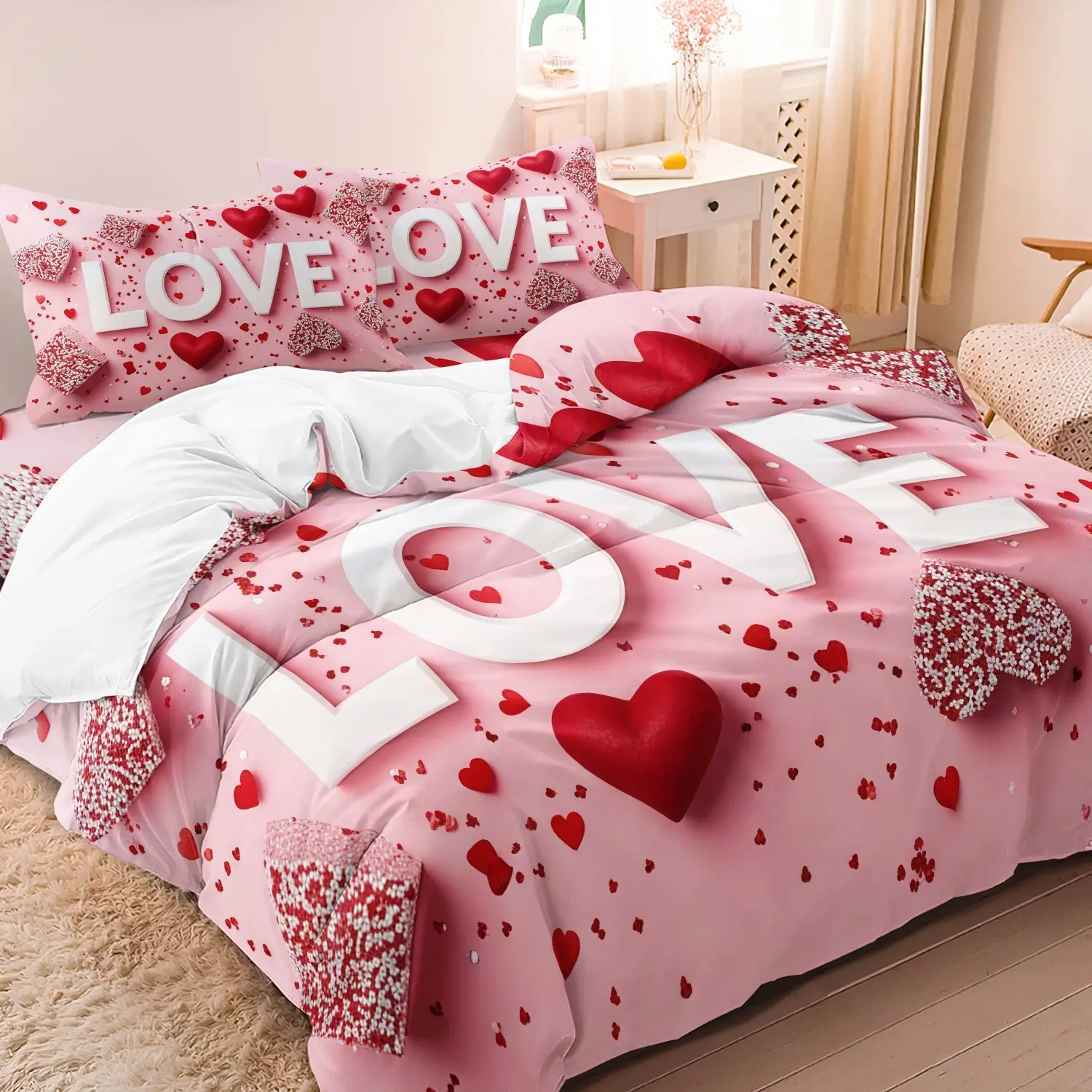 3pcs Romantic Pink Love Heart Print Bedding Set (1 Duvet Cover + 2 Pillowcases, Without Core) - "Love" Design With Red Hearts,Machine Washable, Ideal For Bedroom Decor, Romantic Theme|Zippered Closure