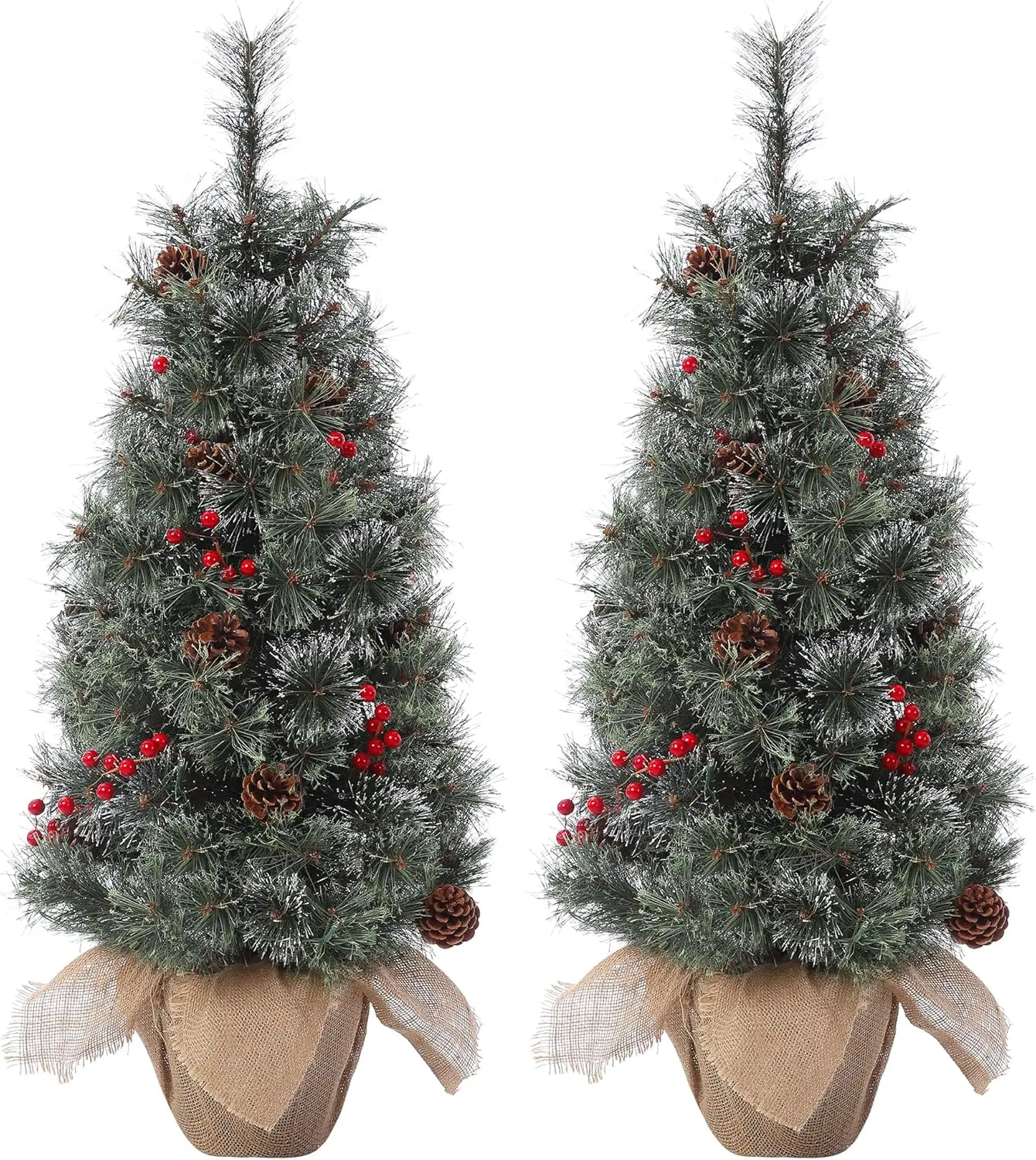 【Christmas Gift】3FT Pre-Lit Artificial Christmas Tree Tabletop with 78 Warm White Lights Flocked Potted Christmas Tree with Berry Clusters Battery Operated for Front Door Porch Green 2PC-B