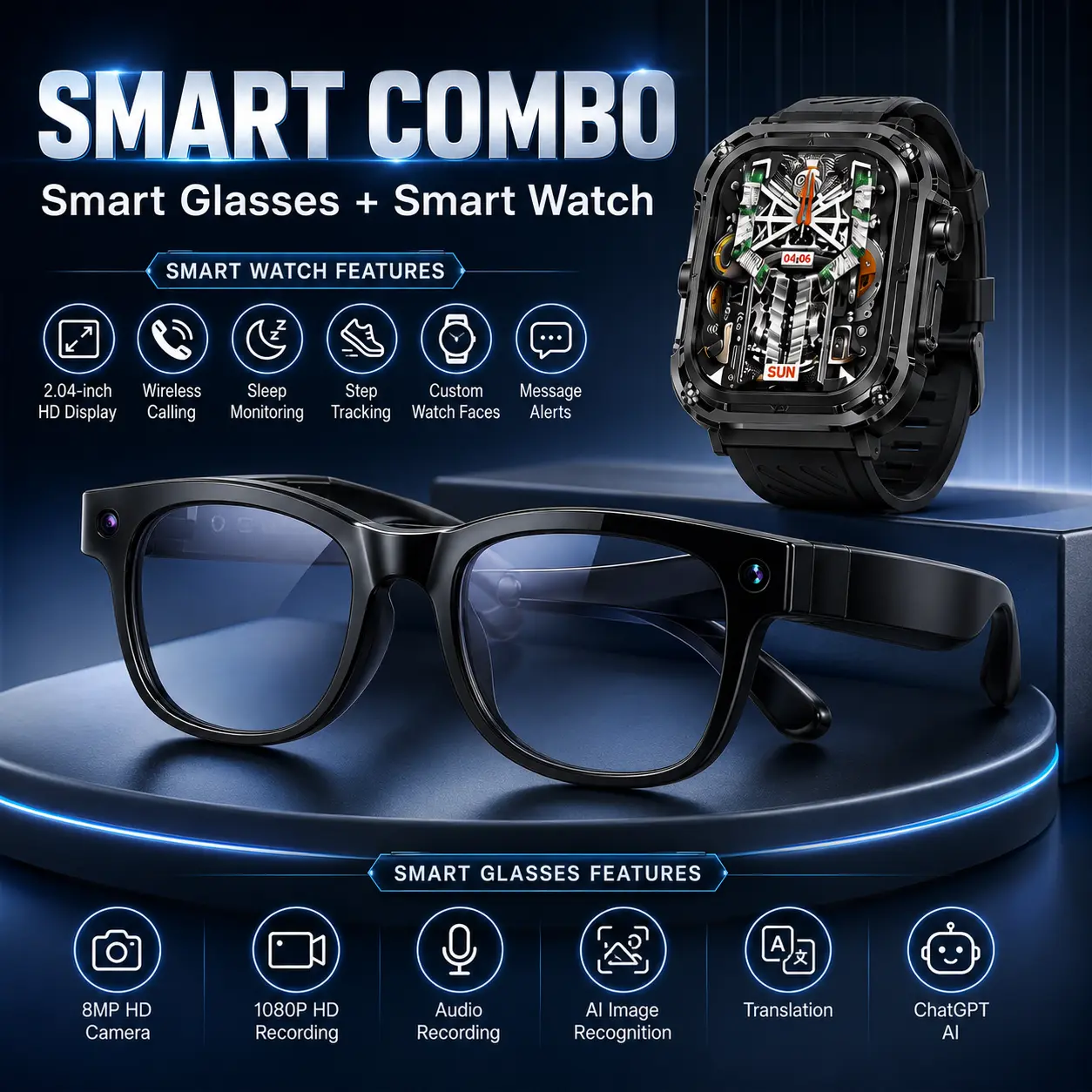 AI Smart Glasses And Smart Watch Combo Set, 8MP Camera AI Glasses with 1080P HD Video Recording, AI Image Recognition, Real-Time Translation, Audio Recording, 2.04-Inch Smartwatch with Wireless Calling, Sleep Monitoring, Step Tracking & Message Alerts