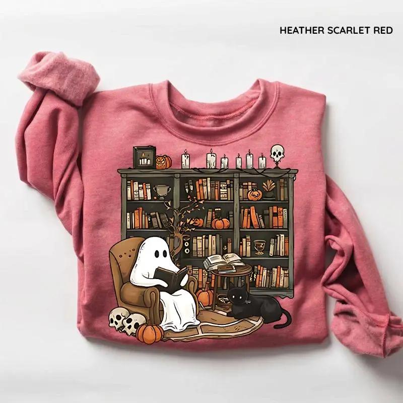 Retro Ghost Reading Books Sweatshirt, Halloween Teacher Crewneck, Spooky Book Lover Pullover, Cute Reading Ghost Sweatshirt, Fall Librarian Gift, Crewneck Top