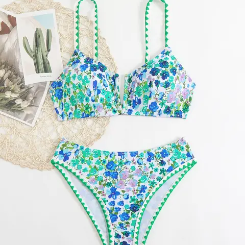Women's Ditsy Floral Print Bikini Set - Casual Chic Beachwear Fit Two Piece Swimwear for Beach Holiday Vacation