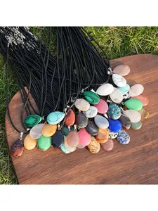 10Pcs Natural Crystal Drop Shape Pendant with Faux Leather Rope Set Fashion Elegant Necklace for Festival Party Gift 5Pendants 5Chains