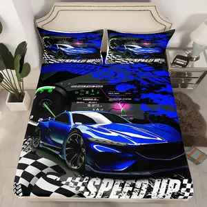 Feelyou Microfiber Race Car Bedding Set - Twin/Queen Sizes, Sports Car Fitted Sheet, Luxury Buffalo Plaid Bed Cover, Pillowcases, Microfiber Bedding Set
