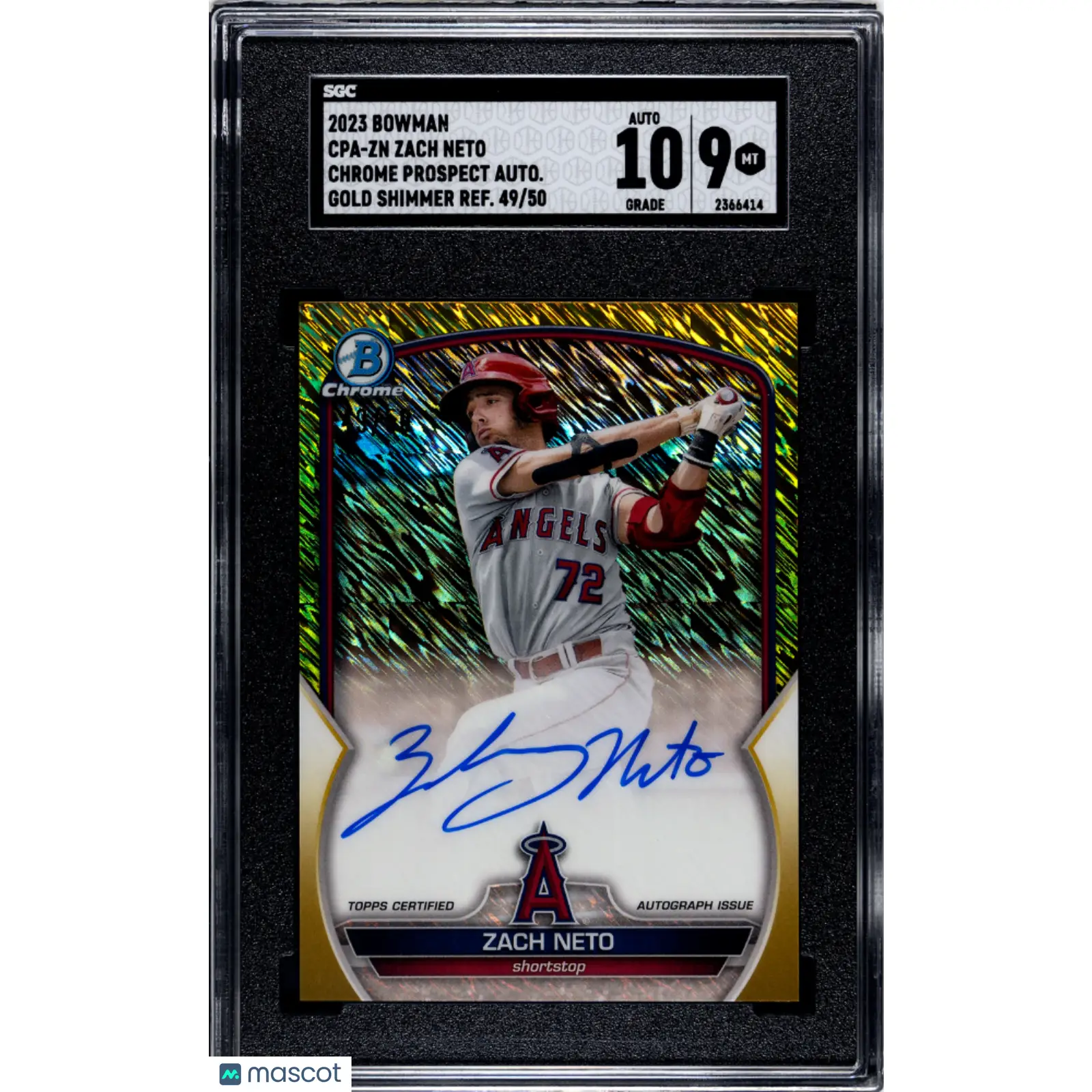 Zach Neto SGC 2023 Bowman #CPA ZN CHR. Pros. Autograph Gold Shim. Refractor Auto
