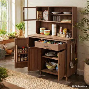 ARCH (With Assembly Video) TOPAMX Potting Bench with Hutch, 65" H Solid Fir Wood Garden Workstation, Large Countertop, Patio Kitchen Island with Adjustable Shelves, Spice Rack, Side Hook and Drawer, Brown, Home Accessories, Shelf Decor Accessories