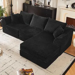 102-Inch L-Shaped Modular Sectional Sofa, 3-Seater Cloud Memory Foam with Reversible Chaise, Black Corduroy, No Assembly