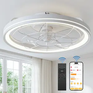 Modern Flush Mount Ceiling Fan with LED Lights, 3 Color Temperatures Dimmable Fan Light with Reversible Airflow, Quiet Bladeless Ceiling Fan with Remote & APP Control for Bedroom Living Room Dining Room