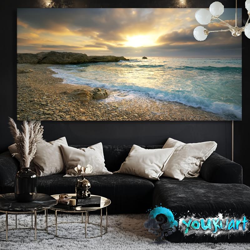 Wooden Framed Canvas Painting Wall Art canvas Wall Art Sunset Beach Blue Waves Ocean Art Large Modern Artwork Canvas Print Contemporary Picture framing Ready to Hang for Home decoration Wrapped in canvas