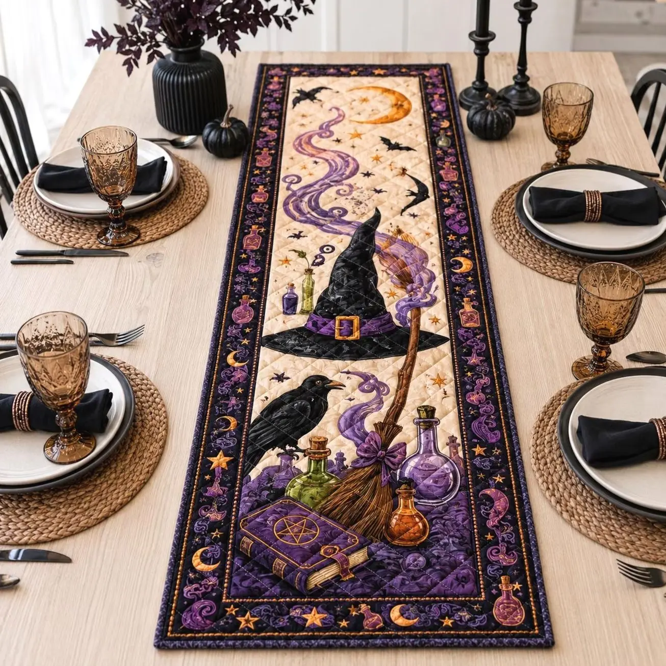 Witch Quilted Table Runner, Spooky Halloween Dining Decor, Gothic Raven Spellbook Broomstick