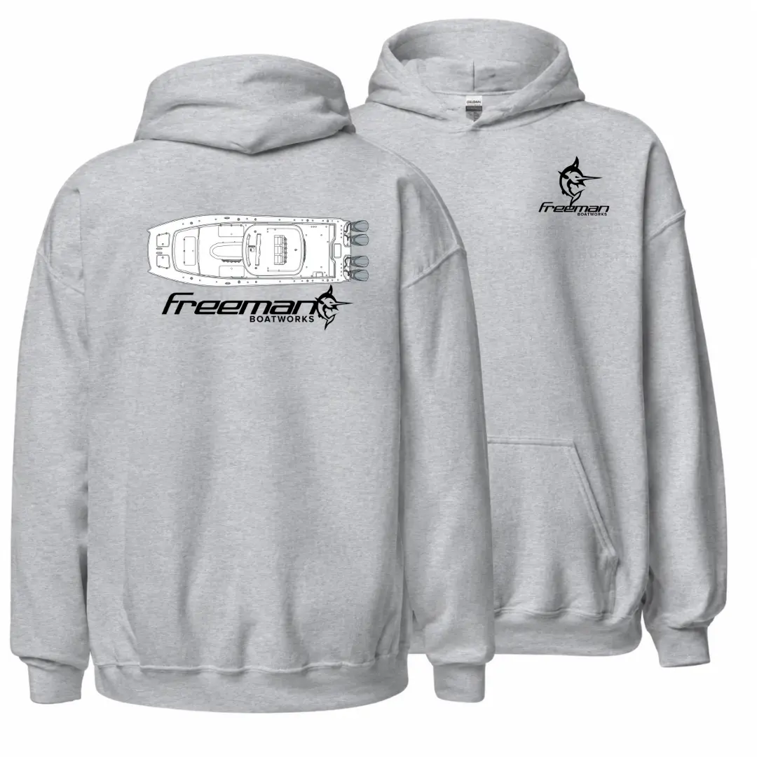 Freeman Boatworks Hoodie, Offshore Sportfishing Boat Graphic Pullover, Soft Cotton Apparel, Ocean Angler Hoodie for Men & Women, Boat Lover Gift