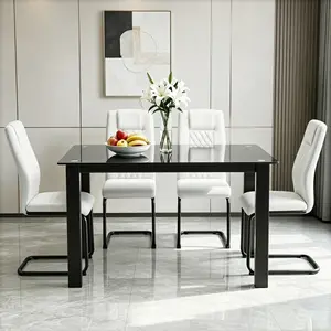 Modern Black Glass Dining Table Set for 4, Tempered Rectangular Kitchen Table with Sturdy Metal Legs, Easy Clean Smooth Surface, Contemporary Living Room Furniture, Black