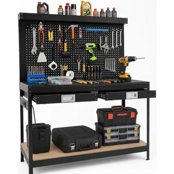 GARVEE Work Bench with Storage, 48'' Work Table with Pegboard, 2 Drawers, Power Outlet, 2-Tier Metal Tool Storage Bench, Workbench for Garage, Workshop, Office Garage