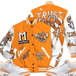 3 White Orange Peel Varsity Jacket, Orange Citrus 3s Outfit Trust No One Graphic Tees Streetwear Sneaker Color Match Shirts