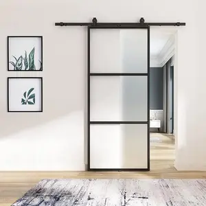 Glass Barn Door 36in x 84in, Top Mounted Black Carbon Steel Tempered Frosted Glass Sliding Door, Hardware Kit Include Soft Close Mechanism, Easy Assemble