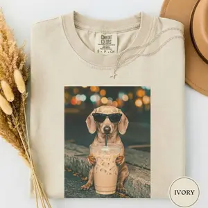 Comfort Colors Funny Dachshund Drinking Iced Coffee Shirt, Animal Meme Tee, Dog Lover Gift, Funny Dachshund Shirt, Coffee Tee, Dog Mom Gift S8