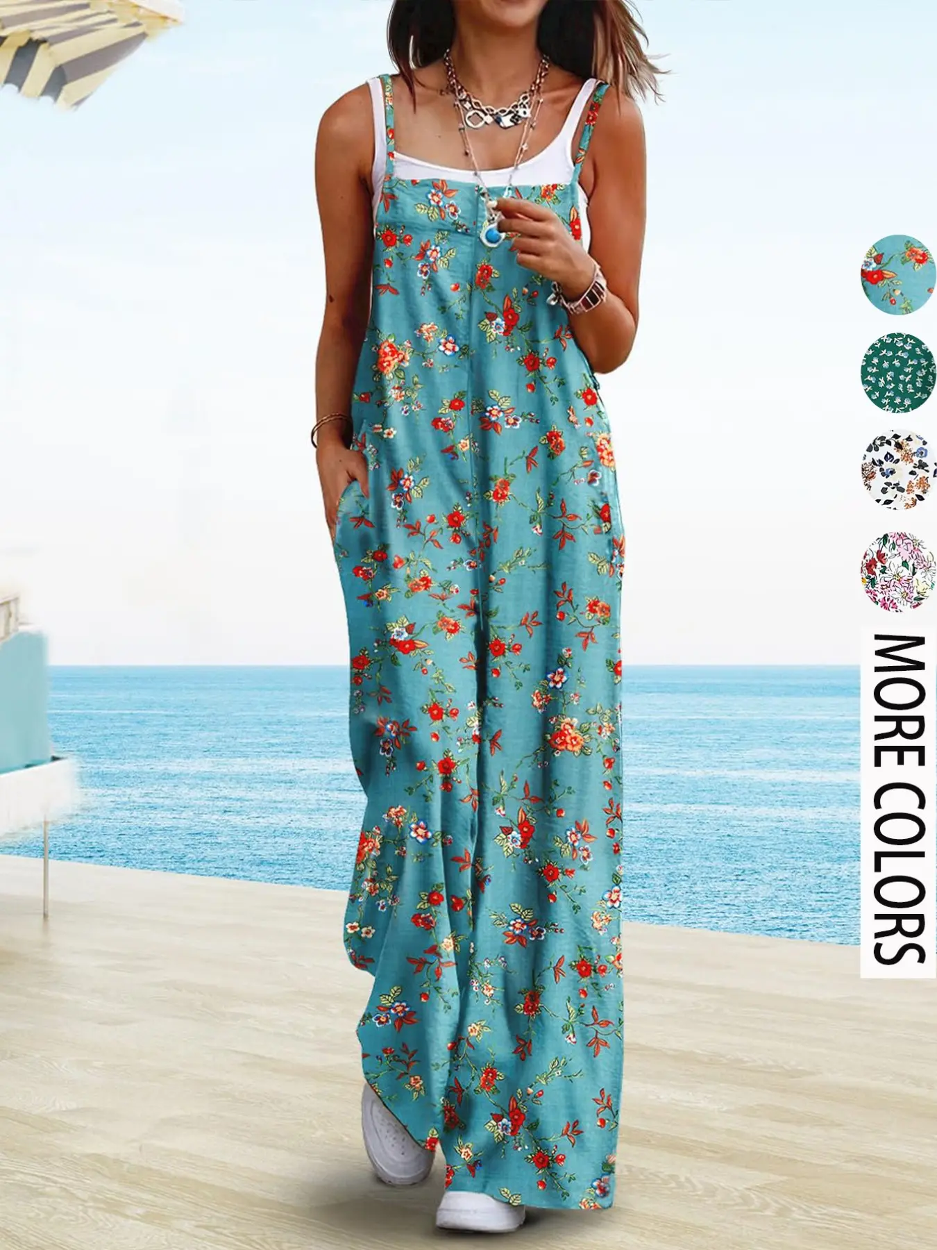 2026 New Summer American Bohemian Boho Style Adjustable Shoulder Straps Spaghetti Strap Sleeveless Floral Print Fit Casual Halter One-Piece Elegant Fashion Jumpsuit, Floral Jumpsuits, Womenswear Women's Fashion Romper