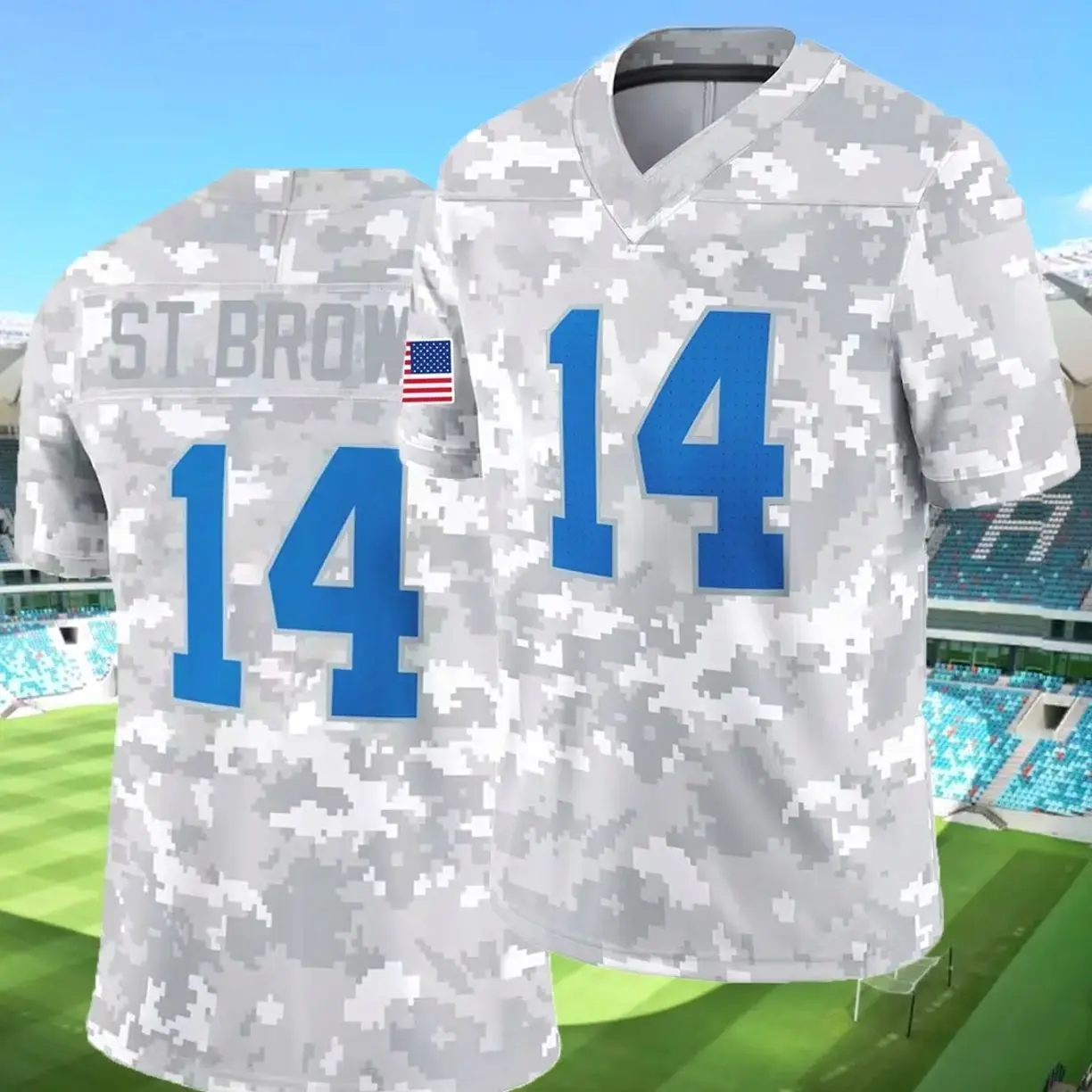 Men's AOP Football Jersey,#14 AOP Detroit Jersey,V-Neck Loose Fit Short Sleeve Top, Sports Tops, Casual All Season Wear, Breathable & Comfortable, Ideal for Training and Competition, Athletic Training Apparel, Casual Sports Jersey XP1