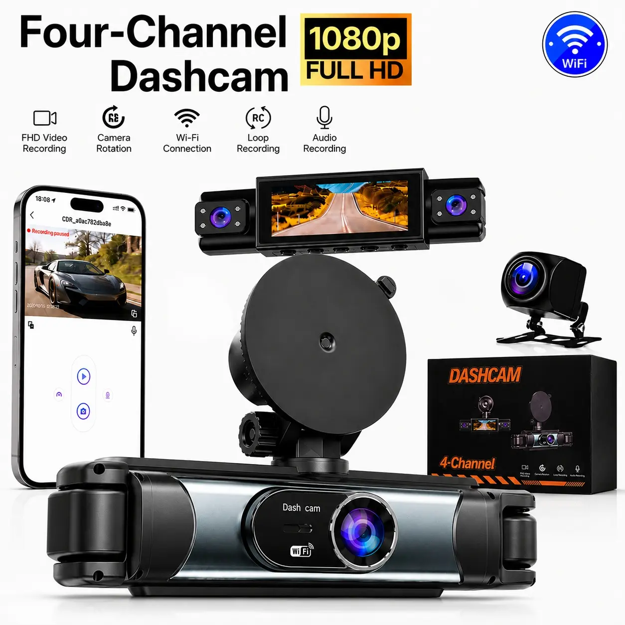 【LensMile】Multi Camera Dashcam 4-Channel 360° Surround View Dash Cam, 1080P FHD, 3.18" IPS Display, 2.4GHz WiFi App Control, WDR, Motion Detection, Loop Recording, Reverse Assist, 4-Lens Front Rear Inside Left Right, Car Security Monitoring Camera-YY,Co