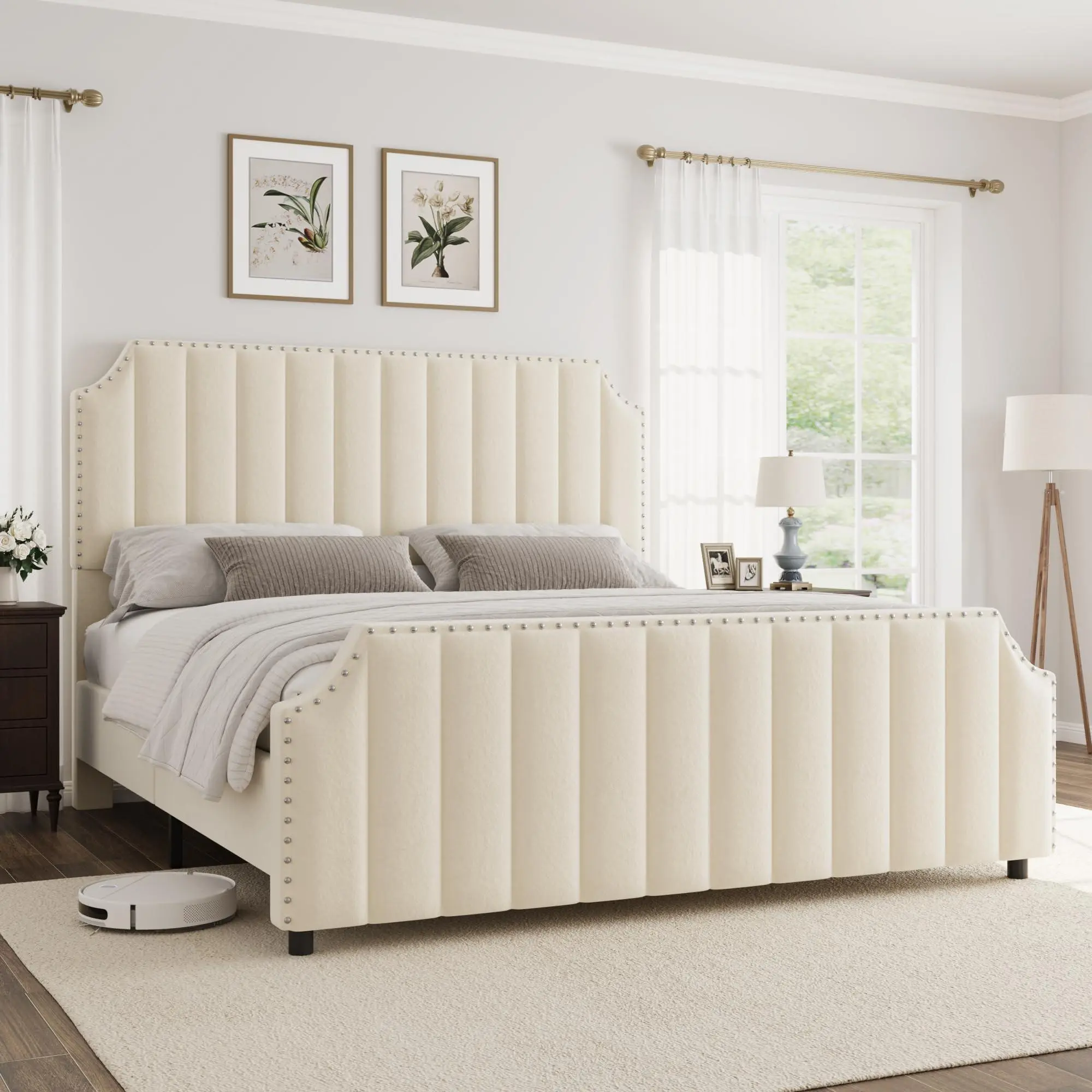 Cream Queen Size Modern Platform Bed Frame - 50.2" Velvet Upholstered Headboard with Vertical Channel Tufting, Nailhead Trim, Footboard, No Box Spring Required, Bed Frames