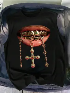 Men's Sleeveless Vest, Hip Hop Gold Teeth Lip Cross Pendant Print, Rap Singer Street Style, Hard Core Urban Aesthetic Design