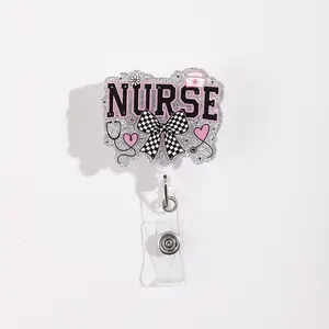 1pc Nurse Badge Reel, Silver Color Sparkle Effect, Retractable Clip with Nurse Print, Medical Theme ID Holder Nurse Accessories for Nurses & Healthcare Workers