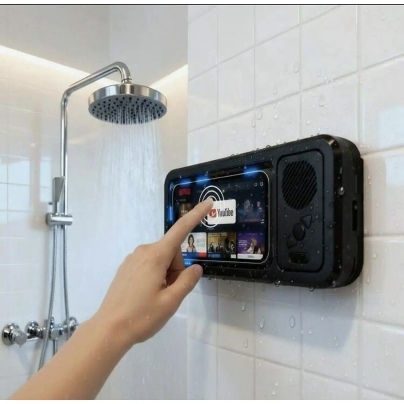 Waterproof Bathroom Shower Phone Holder with Bluetooth Speaker 360° Rotation Touch Screen for Movies Music & Box Watch