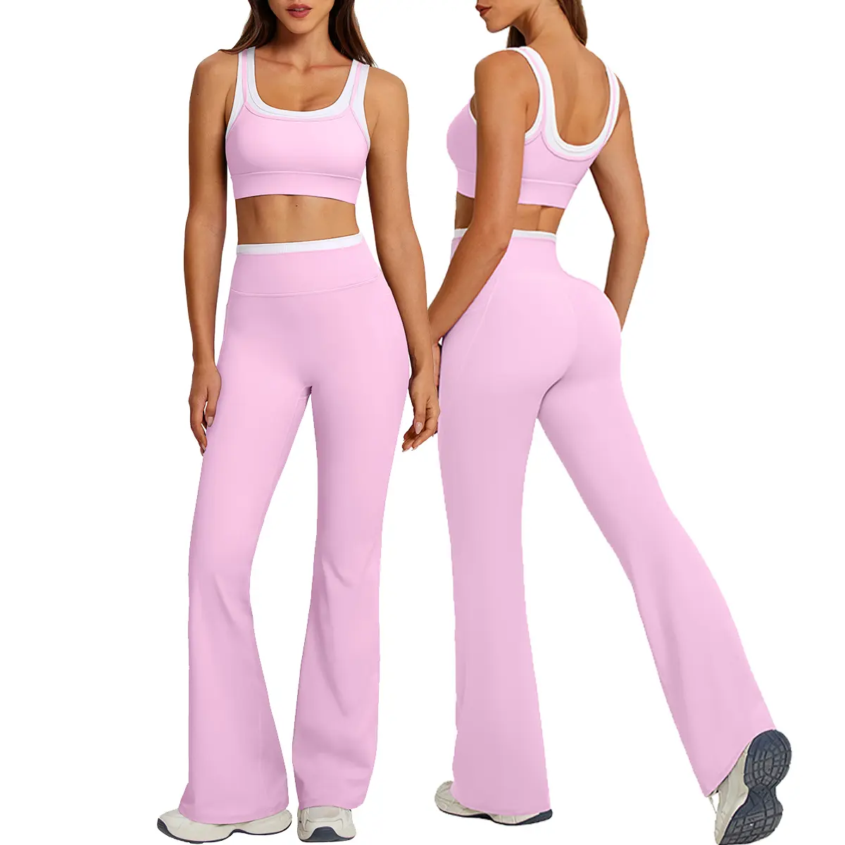 OMKAGI Layered Workout Sets for Women Flare Leggings U Back Pilates Outfits | high waisted flare leggings matching workout sets with pockets, open back workout crop tops with pads, soft elastane gym sets