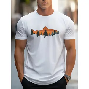 Men’s Nature Landscape Graphic T-Shirt, Mountain and Forest Silhouette Print Tee, Casual Short Sleeve Crew Neck Top, Lightweight Breathable Fabric, Outdoor Inspired Streetwear, Comfortable Unisex Fit for Everyday Wear