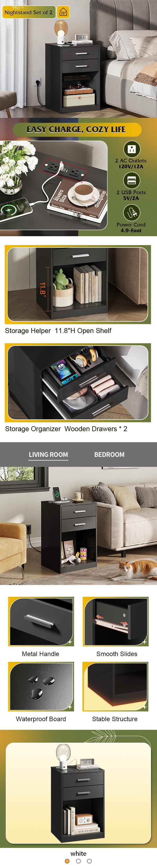 WLIVE Nightstand Set of 2 with Charging Station, Wood Night Stand Sets with 2 Drawers and Open Shelf, Bed Side Tables Bedroom, Living Room