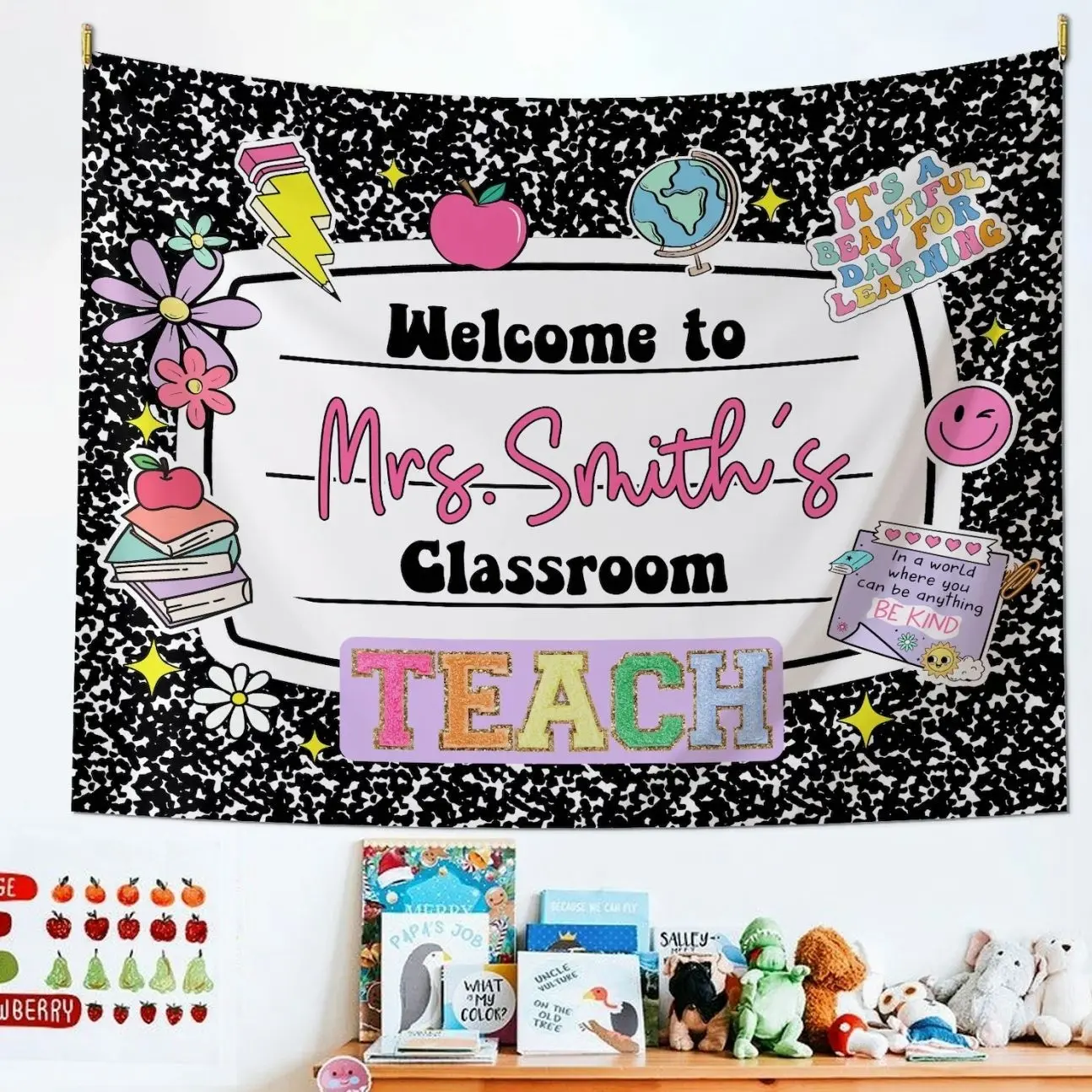 Personalized Teacher Classroom Tapestry, Teachers Name Classroom Banner, Groovy Classroom Decor, Gift for Teacher, Back to School Tapestry