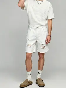 Men's Cotton Cream Washed Distressed Denim Shorts - Oversized Baggy Wide Leg, Destroyed Ripped Mid-Length, Classic Plain Breathable Personalized Minimalist Streetwear Casual Summer Menswear Bottoms summerwins,summerwins