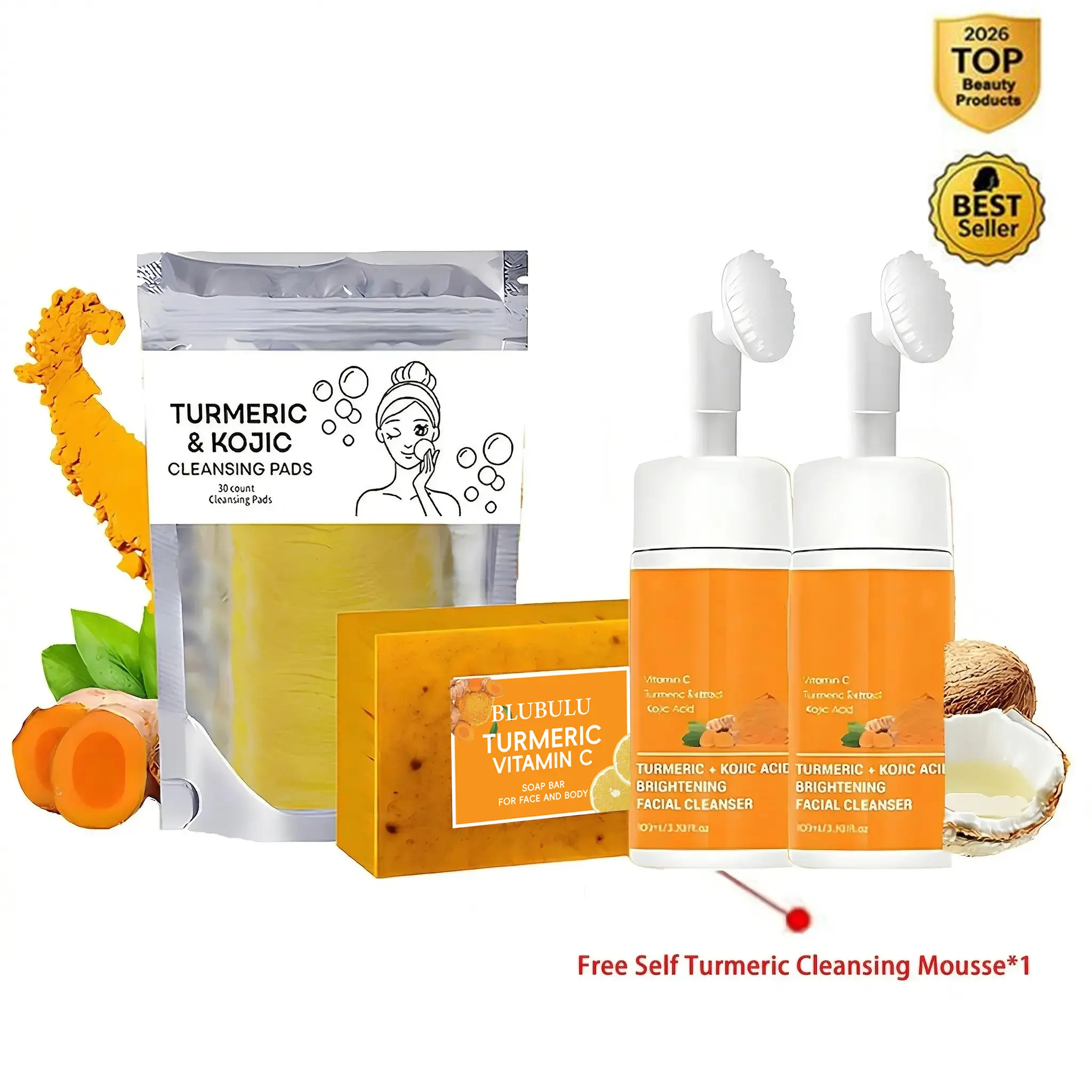 4 in 1: Turmeric Cleansing and Care 4-piece Set, including 2 turmeric cleansing mousses, turmeric slices, and turmeric soap, for facial cleansing and skin care.