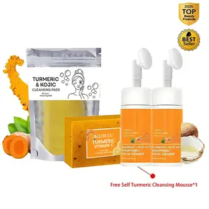 4 in 1: Turmeric Cleansing and Care 4-piece Set, including 2 turmeric cleansing mousses, turmeric slices, and turmeric soap, for facial cleansing and skin care.