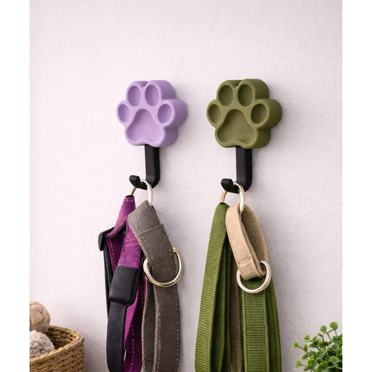 Paw Print Wall Hooks for Pet Leashes and Harnesses in Purple and Green Colors