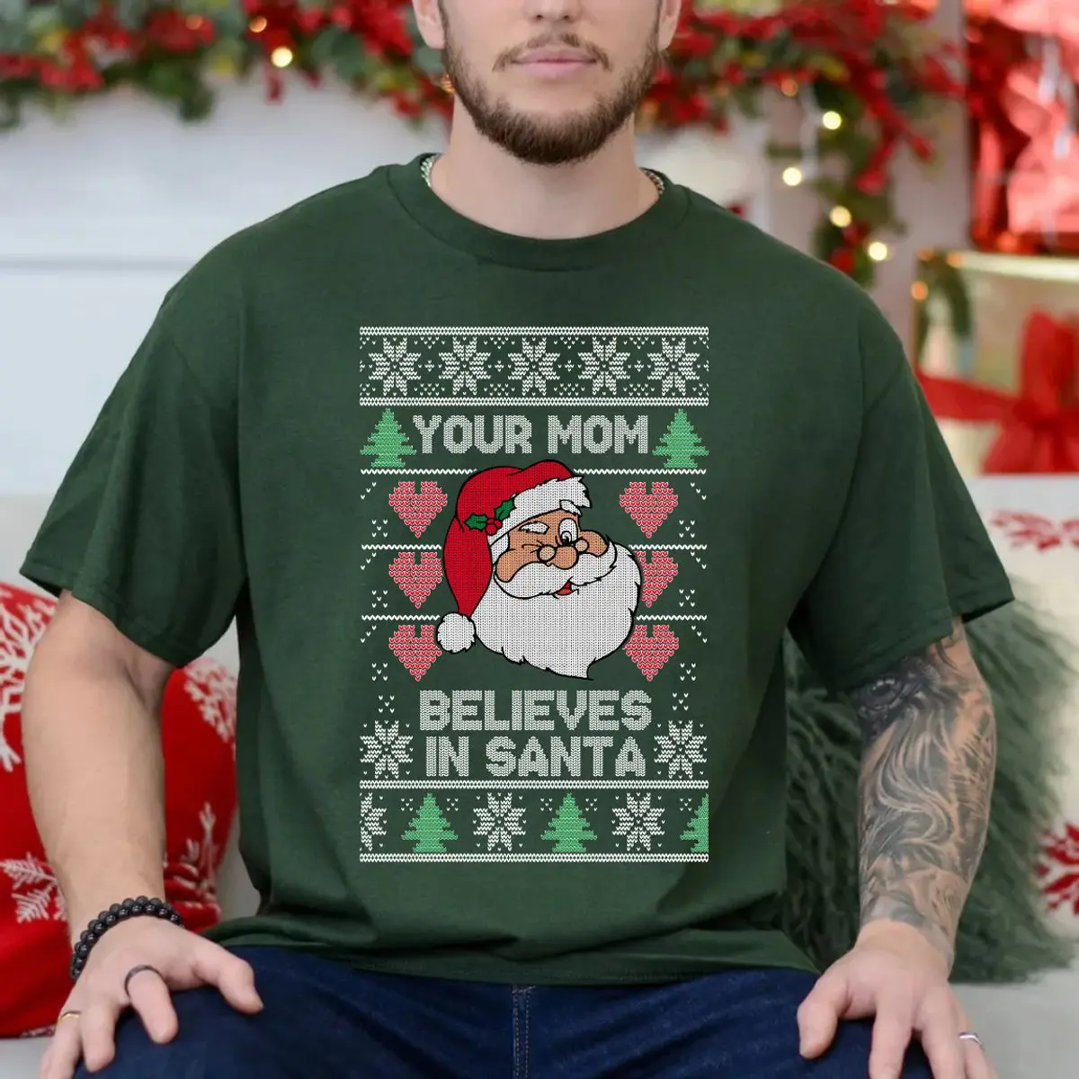 Your Mom Believes In Santa Claus Ugly Christmas Shirt, Funny Ugly Christmas Sweater Holiday Gift, Unisex Sweater Pullover Tee Menswear Top