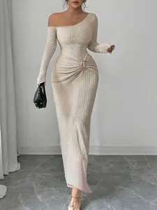 Women's Elegant Chic Asymmetric Neckline Dress, Plain Color, Twist Texture, Tight Fit, Party Gown, Commuter Style, All Seasons