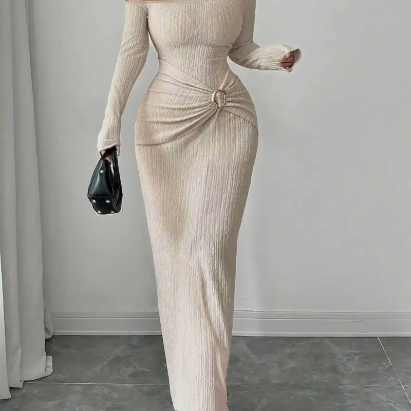 Women's Elegant Chic Asymmetric Neckline Long Sleeve Dress, Plain Color, Twist Texture, Fitted, Tight Fit, Party Gown, Formal Wear, Commuter Style, Womenswear, Piece, All Seasons, Elegant Party Apparel