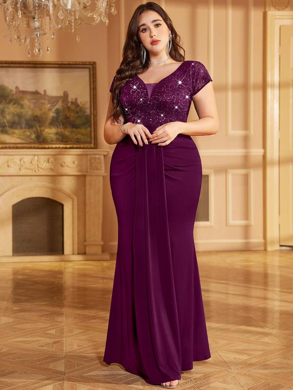 【Plus Size】Missmay P54514A Women's Plus Size Elegant Double V Neck Sequin Lace Contrast Ruched Bodycon Mermaid Hem Homecoming Brithday Wedding Guest Formal Party Maxi Dress