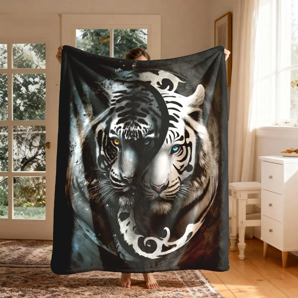 Modern Tiger Print Flannel Poly Blanket - Large Sizes Soft Throw, Suitable for Home/Office, All-Season, Ideal Gift for Family