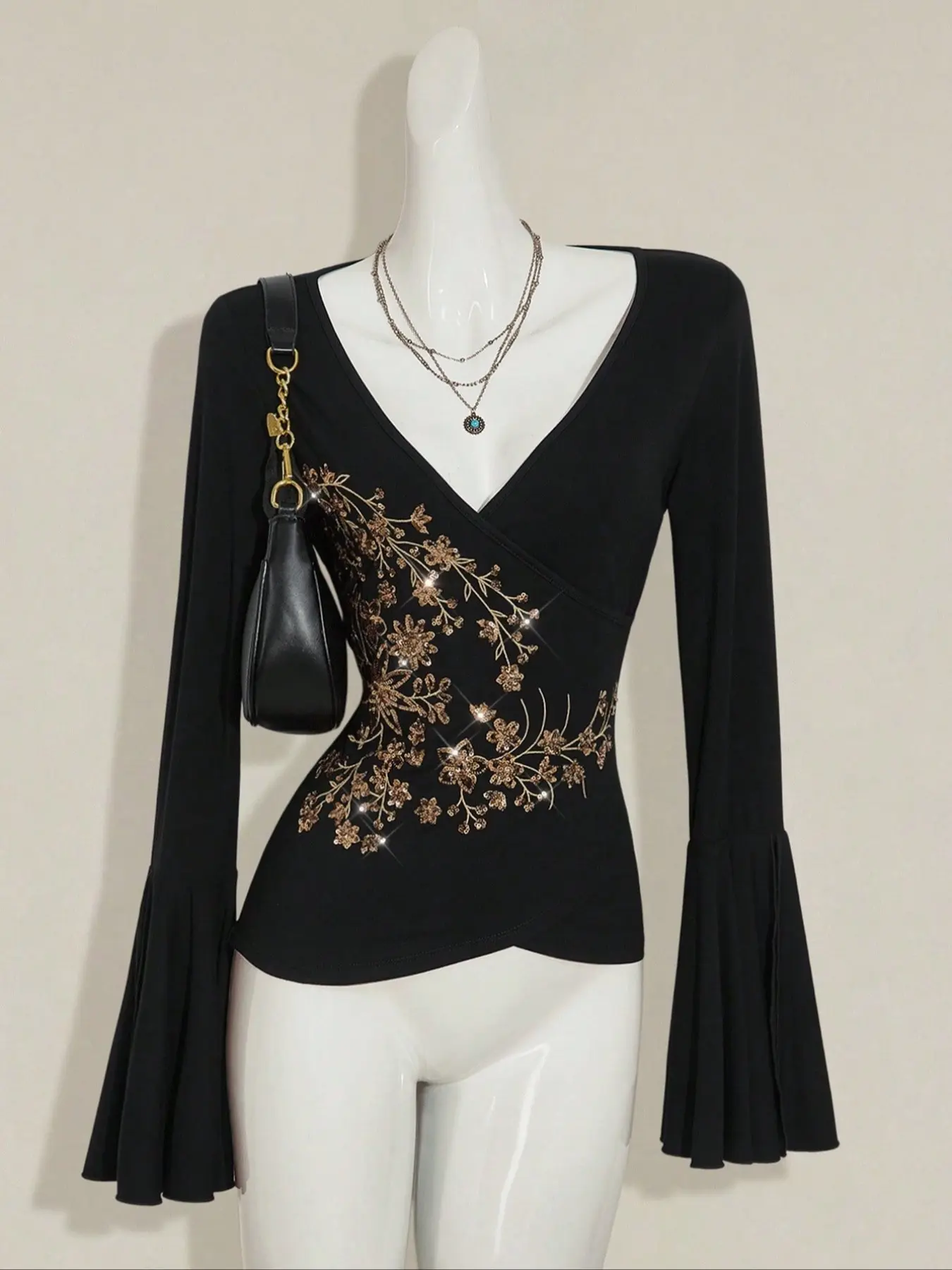 Elegant Chic Aesthetic Cross Flare Long Sleeve Knit Top Fit, Women's Elastic Embroidery Design T-Shirt, Perfect for Daily Gatherings, Parties, Commuting