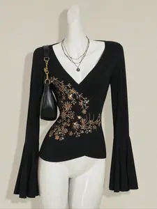 Elegant Cross Flare Sleeve Knit Top, Women's Elastic Embroidery Design Fitted T-Shirt, Perfect for Daily Gatherings, Parties, Commuting