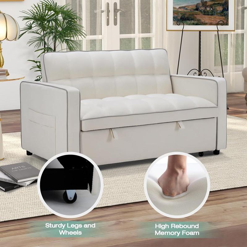 EBELLO 3-in-1 Convertible Velvet Sleeper Sofa Bed | Modern Loveseat Futon with Side Storage Pockets for Small Space, Grey&White | Christmas Gift