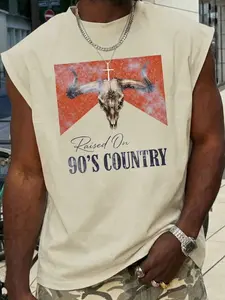 Men's Vintage Khaki Sleeveless Tank Top with Bull Skull & "Raised On 90's Country" Graphic Print, Western Cowboy Casual Streetwear Tee