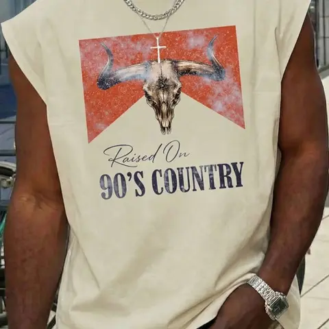 Men's Vintage Khaki Sleeveless Tank Top Vest with Bull Skull & "Raised On 90's Country" Graphic Print, Western Cowboy Casual Style Fashion Clothing Streetwear Tee