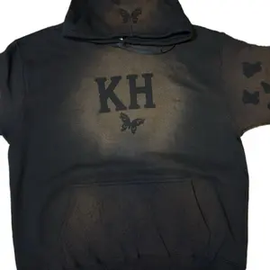 Custom Bleached Kalm Hustle Hoodie with KH Logo and Butterfly Web Design