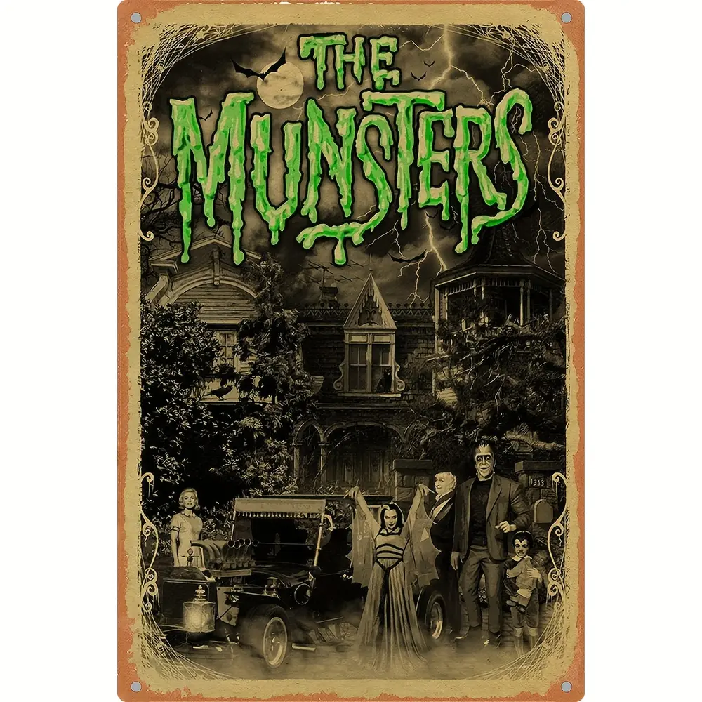1pc Munsters Theme Aluminium Tin Sign - Spooky, Scary/Creepy, Playful Adult Signage, Vibrant Vintage Cartoon Plaque, Waterproof Dustproof Halloween Home Decor, Home Bar Accessory (8x12 in/20cm*30cm)