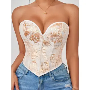 1pc Gold Corset Tops For Women Strapless Lace Up Boned Sweetheart Neck Bodyshaper Bustier Sexy Crop Top, Suitable For Wearing With A Dress